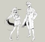  1boy 1girl ahoge belt closed_fan coat detective fan folding_fan greyscale hair_between_eyes hands_in_pockets highres jacket long_hair monochrome necktie original pikat shoes signature simple_background sleeves_past_wrists sneakers standing thigh-highs torn_clothes torn_legwear very_long_hair zipper zipper_pull_tab 