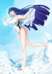  1girl aoba_(smartbeat) barefoot bespectacled blue_eyes blue_sky breasts choker cross fate/grand_order fate_(series) glasses highres jacket large_breasts long_hair ocean one-piece_swimsuit purple_hair removing_jacket running saint_martha sky solo splashing swimsuit very_long_hair water white_choker white_jacket white_swimsuit 