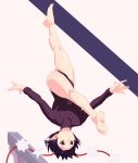  1girl absurdres barefoot black_hair blurry closed_mouth commentary highres hirasaka_(gassy) jumping legs leotard long_sleeves motion_blur pointy_ears purple_leotard red_eyes ribbed_leotard shameimaru_aya short_hair smile solo split star touhou turtleneck_leotard upside-down 