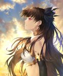  1girl black_ribbon blue_sky breasts brown_hair clouds earrings elbow_gloves fate/grand_order fate_(series) from_side gloves hair_ribbon highres hoop_earrings ishtar_(fate)_(all) jewelry long_hair medium_breasts nasaniliu profile red_eyes ribbon sky solo twintails upper_body 
