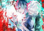  2boys :d absurdres alternate_color bangs black_nails dual_persona green_shirt grey_hair hair_over_eyes hands_up highres holding_another&#039;s_wrist hug hug_from_behind jacket kaneki_ken kyuuba_melo multicolored_hair multiple_boys pale_skin pink_hair red_background red_eyes sasaki_haise shirt short_hair smile teeth tokyo_ghoul upper_body upper_teeth white_background 
