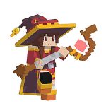  1girl 3d animated bandaged_leg bandages bare_shoulders brown_hair cape dancing dress hat holding holding_staff kono_subarashii_sekai_ni_shukufuku_wo! looking_at_viewer looping_animation lowres megumin minecraft mlkewatnot pixel_art red_dress red_eyes short_hair_with_long_locks simple_background single_thighhigh smile solo staff swaying thigh-highs white_background witch_hat 