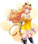  1girl ahoge animal_ears bell black_legwear blonde_hair breasts cat_tail cleavage_cutout covered_navel dress fake_animal_ears halter_dress highres iesupa large_breasts long_hair pantylines prosthesis prosthetic_arm rwby single_garter solo tail thigh-highs violet_eyes wavy_hair yang_xiao_long yellow_dress 