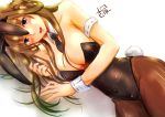  1girl animal_ears breasts brown_eyes brown_hair bunny_girl bunnysuit detached_collar fake_animal_ears kantai_collection kongou_(kantai_collection) large_breasts long_hair looking_at_viewer mizuya_chiharu necktie rabbit_ears sleeve_cuffs solo 