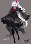  black_dress black_legwear bow closed_mouth collarbone darkrai dress eyebrows_visible_through_hair flat_chest hair_over_one_eye highres long_hair looking_at_viewer merlusa nervous pantyhose personification pokemon pokemon_number red_bow side_ponytail silver_hair very_long_hair 
