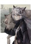  1girl animal_ears arknights cityscape closed_eyes eyebrows_visible_through_hair hair_ornament highres hug ikeda_(cpt) jacket lappland_(arknights) long_hair looking_at_viewer looking_to_the_side pale_skin scar smile snow white_hair wolf wolf_ears yellow_eyes 