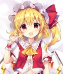  1girl bangs blonde_hair blush bow crystal dakimakura eyebrows_visible_through_hair fang flandre_scarlet frilled_shirt_collar frills hat highres index_finger_raised looking_at_viewer lying medium_hair mob_cap navel on_back one_side_up open_mouth puffy_short_sleeves puffy_sleeves red_bow red_eyes red_vest ruhika shirt short_sleeves smile solo touhou upper_body vest white_headwear white_shirt wings wrist_cuffs yellow_neckwear 