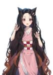  1girl absurdres animal_ears bangs black_hair blush brown_hair checkered claw_pose commentary fingernails forehead gradient_hair hair_ribbon hands_up highres japanese_clothes kamado_nezuko kemonomimi_mode kimetsu_no_yaiba kimono kuini long_fingernails long_hair multicolored_hair obi open_mouth parted_bangs pink_kimono pink_ribbon ribbon round_teeth sash sharp_fingernails short_sleeves simple_background slit_pupils solo teeth upper_teeth very_long_hair violet_eyes whiskers white_background wide_sleeves 