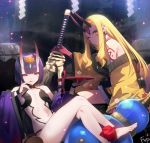  2girls alcohol ankle_ribbon bangs bare_shoulders barefoot blonde_hair blush bob_cut breasts bridal_gauntlets closed_mouth collarbone crossed_legs cup earrings eyeliner facial_mark fate/grand_order fate_(series) feet fingernails floral_print forehead forehead_mark fpanda gourd hair_pulled_back headpiece highres horns ibaraki_douji_(fate/grand_order) japanese_clothes jar jewelry kimono legs licking_lips long_hair long_sleeves looking_at_viewer makeup multiple_girls navel off_shoulder oni oni_horns open_clothes open_kimono pointy_ears purple_hair purple_kimono red_ribbon revealing_clothes ribbon sakazuki sake sharp_fingernails short_eyebrows short_hair shuten_douji_(fate/grand_order) sitting skin-covered_horns slit_pupils small_breasts smile sword tattoo tongue tongue_out violet_eyes weapon wide_sleeves yellow_eyes yellow_kimono 