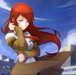  1girl absurdres adjusting_hair brown_hair city dress_shirt hand_on_own_stomach highres jacket lightartist long_hair looking_at_viewer makise_kurisu necktie open_clothes open_jacket outdoors red_neckwear shirt signature solo steins;gate violet_eyes white_shirt 