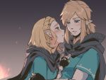  1boy 1girl asutora black_cape black_gloves blonde_hair blue_eyes blush cape earrings fingerless_gloves gloves jewelry link looking_at_another pointy_ears princess_zelda short_hair sketch the_legend_of_zelda the_legend_of_zelda:_breath_of_the_wild the_legend_of_zelda:_breath_of_the_wild_2 