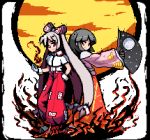  2girls adapted_costume baggy_pants bandaid bandaid_on_nose bangs black_hair blunt_bangs border bow closed_mouth collared_shirt commentary_request eyebrows_visible_through_hair fan fire folding_fan fujiwara_no_mokou full_body glove_cuffs gloves hair_bow hand_in_pocket hand_up hime_cut holding holding_fan houraisan_kaguya japanese_clothes long_hair long_skirt long_sleeves looking_at_viewer lowres moon multiple_girls ofuda ofuda_on_clothes outstretched_arm pants pink_shirt pixel_art red_eyes red_pants red_skirt sash shirt silver_hair skirt sleeves_past_wrists smile standing star star_print suspenders the_hammer_(pixiv30862105) touhou transparent_background very_long_hair white_bow white_gloves white_shirt wide_sleeves 