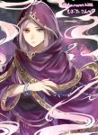  1girl collarbone dress fire_emblem fire_emblem:_the_binding_blade green_eyes haru_(nakajou-28) heterochromia idunn_(fire_emblem) jewelry lavender_hair long_hair long_sleeves manakete purple_background robe solo twitter_username violet_eyes 