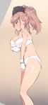  1girl atlanta_(kantai_collection) bra breasts brown_hair caburi commentary_request earrings feet_out_of_frame garrison_cap gloves gradient gradient_background grey_eyes hat jewelry kantai_collection large_breasts long_hair panties pink_background profile solo standing star star_earrings two_side_up underwear underwear_only white_bra white_gloves white_panties 