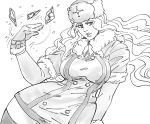  1girl bb_(baalbuddy) breasts coat double-breasted floating_hair fur_trim gloves greyscale hand_up highres kolin large_breasts long_hair looking_at_viewer monochrome parted_lips short_sleeves simple_background solo street_fighter street_fighter_v thigh-highs white_background 
