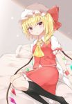  1girl :o arm_support black_legwear blonde_hair blush commentary_request cravat eyebrows_visible_through_hair feet_out_of_frame flandre_scarlet grey_background hair_between_eyes hat hat_ribbon head_tilt highres iyo_(ya_na_kanji) kneehighs leaning_to_the_side light_particles looking_at_viewer mob_cap no_shoes on_bed one_side_up parted_lips petticoat pillow puffy_short_sleeves puffy_sleeves red_eyes red_skirt red_vest ribbon shadow shirt short_hair short_sleeves sitting skirt skirt_set solo touhou vest white_headwear white_shirt wings wrist_cuffs yellow_neckwear yokozuwari 