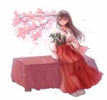  1girl black_hair blush breasts brown_eyes cherry_blossoms full_body hair_ornament hairband hakama hakama_skirt haruna_(kantai_collection) highres japanese_clothes kantai_collection kimono large_breasts long_hair long_skirt long_sleeves looking_at_viewer red_hakama red_skirt sitting skirt smile solo table white_kimono wide_sleeves wss_(nicoseiga19993411) 