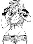  1girl abs baseball_cap bb_(baalbuddy) breasts collared_jacket cowboy_shot cropped_jacket fatal_fury fingerless_gloves genderswap genderswap_(mtf) gloves greyscale hands_up hat headwear_writing highres jacket large_breasts looking_at_viewer midriff monochrome navel one_eye_covered open_clothes open_fly open_jacket panties parted_lips ponytail short_shorts shorts simple_background sleeveless sleeveless_jacket solo standing tank_top terry_bogard toned underwear white_background 