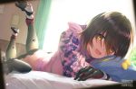  1girl :d backlighting brown_hair controller curtains cushion eyebrows_visible_through_hair fukai_ryousuke game_controller gamepad gloves high_heels hood hoodie indoors looking_at_viewer lying on_stomach open_mouth roboco-san roboco_ch. smile solo virtual_youtuber yellow_eyes 