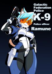  1girl absurdres animal_ears blue_hair bodysuit breasts character_name cowboy_shot dog_ears dog_tail english_text furry gun handgun highleg highres holster mayoi89g original shiba_inu short_hair simple_background skin_tight solo tail visor weapon 