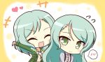  +++ 2girls ^_^ aqua_hair arm_up bang_dream! bangs blush blush_stickers border chibi closed_eyes commentary_request eyebrows_visible_through_hair flying_sweatdrops green_eyes green_jacket grey_cardigan heart highres hikawa_hina hikawa_sayo jacket jewelry long_hair long_sleeves looking_at_viewer multiple_girls necklace open_clothes open_jacket open_mouth shirt short_hair siblings side_braids sidelocks sisters smile spoken_blush swept_bangs teen_(teen629) twins upper_body white_background white_shirt yellow_border |d 