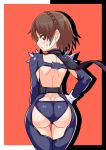  1girl ass blush braid brown_eyes brown_hair closed_mouth commentary cougar1404 crown_braid gloves looking_at_viewer niijima_makoto panties persona persona_5 red_eyes short_hair solo underwear 