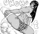  /\/\/\ 1boy 1girl ass bald bare_arms bare_shoulders bb_(baalbuddy) breasts circlet dark_skin earrings fang from_behind greyscale heart highres hime_cut jewelry large_breasts laughing looking_back mole mole_under_eye monochrome muscle muscular_female ojou-sama_pose orc original panties pointy_ears smile smirk smug squatting striped striped_panties tank_top tears thigh-highs underwear 