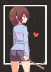  1girl ass bike_shorts blush breasts brown_hair closed_mouth commentary cougar1404 frisk_(undertale) heart shirt short_hair solo striped striped_shirt striped_sweater sweater undertale weapon 