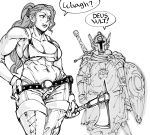  1boy 1girl abs armor bare_shoulders bb_(baalbuddy) bikini_armor boots contrapposto fangs full_armor gloves greyscale hand_on_hip hatchet helmet highres holding holding_weapon latin_text long_hair monochrome muscle muscular_female navel orc paladin ponytail shield simple_background tabard thigh-highs thigh_boots warhammer_fantasy weapon weapon_on_back white_background 