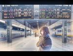  1girl 3others backpack bag bangs brown_eyes brown_hair daito from_behind ground_vehicle jacket letterboxed long_hair looking_at_viewer looking_back multiple_others original scarf solo_focus train train_station train_station_platform translation_request 