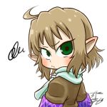  1girl ahoge avatar_icon blonde_hair chamaji commentary eyebrows_visible_through_hair frown green_eyes looking_at_viewer looking_back lowres mizuhashi_parsee pointy_ears scarf short_hair short_sleeves signature solo touhou upper_body white_background 