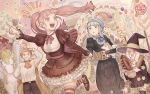  4girls alternate_costume belt blue_hair braid brown_eyes candy crown_braid doughnut dress fire_emblem fire_emblem:_three_houses food grin hat heart heart-shaped_pupils highres hilda_valentine_goneril holding holding_hands ice_cream_cone korokoro_daigorou leonie_pinelli lollipop long_hair long_sleeves lysithea_von_ordelia marianne_von_edmund multiple_girls open_mouth orange_eyes orange_hair pegasus pink_eyes pink_hair short_dress short_hair smile symbol-shaped_pupils thigh-highs twintails white_hair witch_hat 