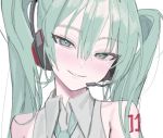  1girl arms_at_sides bare_shoulders blue_eyes blue_hair blue_neckwear blush close-up collared_shirt dot_nose eyebrows_visible_through_hair eyelashes eyes_visible_through_hair face freng grey_shirt hair_between_eyes half-closed_eyes hatsune_miku head_tilt headset highres jitome light_smile long_hair looking_at_viewer necktie parted_lips shiny shiny_hair shirt shoulder_tattoo simple_background sleeveless sleeveless_shirt solo straight_hair tattoo twintails upper_body vocaloid white_background 