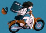  1girl bag black_hair black_legwear blue_background blue_sailor_collar driving film_grain from_side glasses ground_vehicle headwear_removed helmet helmet_removed highres komugiko_2000 long_sleeves motor_vehicle motorcycle_helmet open_mouth original parody pleated_skirt red-framed_eyewear sailor_collar school_uniform scooter serafuku shoes shoulder_bag skirt sneakers socks solo style_parody 