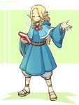  1girl belt blonde_hair book braid brown_belt collarbone dungeon_meshi eyebrows_visible_through_hair full_body green_eyes holding holding_book long_hair long_sleeves looking_at_viewer marcille one_eye_closed pointy_ears sandals shepple solo twin_braids twitter_username 