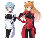  2girls arms_behind_back ayanami_rei blue_eyes blue_hair controller dualsense game_controller hair_ornament hand_on_hip highres long_hair looking_at_viewer multiple_girls neon_genesis_evangelion playstation_5 plugsuit red_eyes short_hair siino simple_background souryuu_asuka_langley 