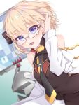  1girl azur_lane bangs bare_shoulders black_bow black_neckwear blonde_hair blurry blurry_background blush bow brown_shirt brown_skirt commentary_request depth_of_field dutch_angle eyebrows_visible_through_hair glasses hair_between_eyes hair_bow hand_in_hair hand_up jacket long_sleeves looking_at_viewer necktie open_clothes open_jacket open_mouth shirt shiruko27anko skirt sleeveless sleeveless_shirt solo upper_teeth violet_eyes white_jacket z23_(azur_lane) z23_(teacher_of_philosophy)_(azur_lane) 