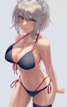  1girl arm_behind_back bangs bare_arms bare_shoulders bikini bow braid breasts collarbone cowboy_shot eit_(ikeuchi) eyebrows_visible_through_hair front-tie_bikini front-tie_top grey_background hair_between_eyes hair_bow izayoi_sakuya large_breasts layered_bikini maid_headdress navel parted_lips red_eyes shiny shiny_hair short_hair side-tie_bikini sidelocks silver_hair simple_background solo stomach strap_gap swimsuit thigh_strap thighs touhou twin_braids 