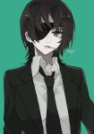  1girl black_hair black_neckwear chainsaw_man cigarette collared_shirt ebanoniwa eyepatch formal green_background green_eyes highres himeno_(chainsaw_man) lips looking_at_viewer medium_hair necktie shirt sidelocks simple_background smoking solo suit upper_body white_shirt 