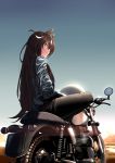  1girl absurdres animal_ears aqua_eyes arknights brown_hair ground_vehicle helmet highres horse_ears jacket long_hair looking_at_viewer looking_back meteor_(arknights) motor_vehicle motorcycle shijie_jianfa sitting sky solo 