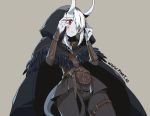  1girl belt belt_buckle bird_skull brown_background buckle cloak closed_mouth dungeons_and_dragons feather_trim hair_over_one_eye hood hood_up horns long_hair pale_skin pikat red_eyes simple_background skull solo tail thigh_strap tiefling vambraces white_hair 
