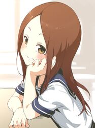  1girl asutora blue_sailor_collar blush brown_eyes brown_hair eyebrows_visible_through_hair forehead karakai_jouzu_no_takagi-san long_hair looking_at_viewer sailor_collar school_uniform short_sleeves smile solo takagi-san 