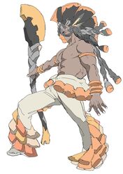  1boy armlet bakushi_(smys2017) black_hair braid dark_skin dark_skinned_male facepaint full_body highres long_hair mohawk mudsdale orange_eyes pants personification pokemon shirtless simple_background sketch solo staff standing white_background white_pants wristband 