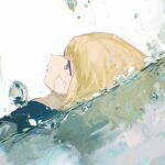  1girl absurdres bandage_on_face bandages blonde_hair chromatic_aberration closed_mouth commentary_request dutch_angle flower grey_eyes highres lobelia_(saclia) lying_on_water original portrait profile reflection short_hair solo water white_flower 