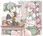  2girls brown_eyes buttons green_eyes green_hair hair_flaps hair_ribbon kantai_collection long_hair multiple_girls nakadori_(movgnsk) pink_hair pleated_skirt ponytail ribbon school_uniform serafuku shirt short_sleeves skirt very_long_hair white_shirt yura_(kantai_collection) yuubari_(kantai_collection) 