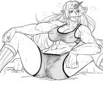  1girl abs bb_(baalbuddy) covered_nipples feet_out_of_frame greyscale gym_shorts heavy_breathing highres horn hoshiguma_yuugi leaning_back long_hair monochrome muscle muscular_female navel oni reclining ribbed_legwear shorts simple_background smile socks solo sports_bra spread_legs sweat sweating_profusely touhou wet white_background 