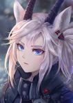  1girl animal_ears arknights bangs black_jacket blue_eyes commentary earthspirit_(arknights) feliciani_yap goat_ears goat_horns hair_between_eyes high_collar horns jacket looking_at_viewer portrait short_hair sidelocks silver_hair solo wing_collar 