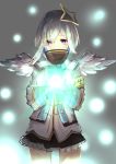  1girl absurdres amane_kanata angel_wings armband cero421 commentary_request cowboy_shot energy glowing grey_background halo highres hololive looking_down short_hair silhouette solo violet_eyes wings 
