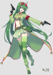  1girl blush boots breasts dual_wielding eyebrows_visible_through_hair fingerless_gloves flygon full_body gloves green_eyes green_footwear green_gloves green_hair green_legwear gun handgun highres holding holding_gun holding_weapon large_breasts long_hair long_sleeves looking_at_viewer merlusa navel necktie open_mouth personification pistol pokemon pokemon_number smile solo striped striped_legwear upper_teeth very_long_hair weapon 