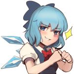  1girl blue_bow blue_eyes blue_hair blue_vest blush boa_(brianoa) bow bowtie cirno eyebrows_visible_through_hair hair_bow highres ice ice_wings looking_at_viewer parted_lips pointing pointing_at_self puffy_short_sleeves puffy_sleeves red_neckwear shirt short_hair short_sleeves simple_background smile solo sparkle thumbs_up touhou upper_body vest white_background white_shirt wings 